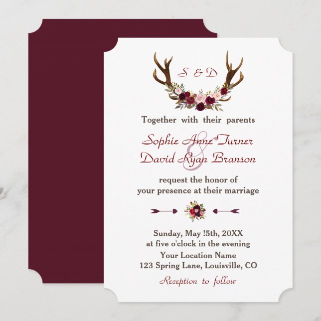 Chic Burgundy Marsala Floral Antlers Wedding Invitation (Front/Back)