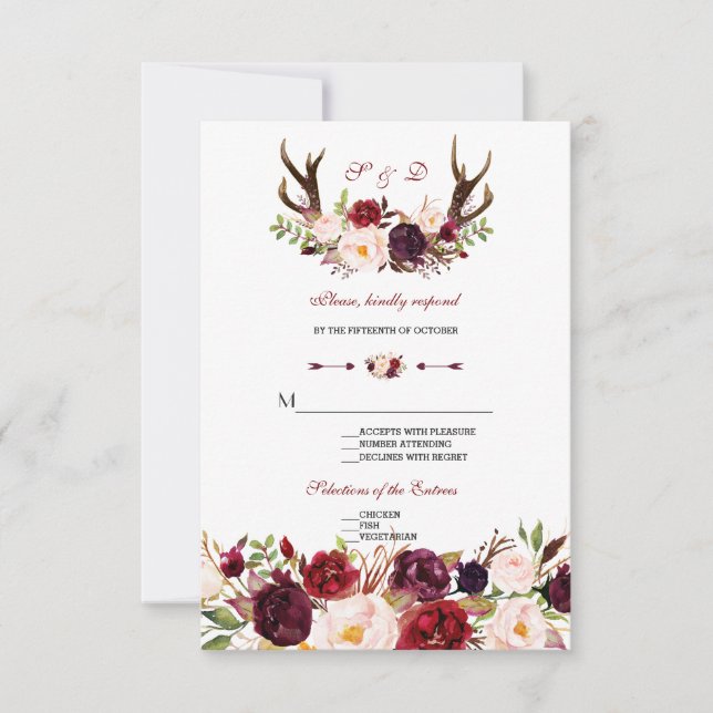 Chic Burgundy Marsala Floral Antlers Wedding RSVP (Front)
