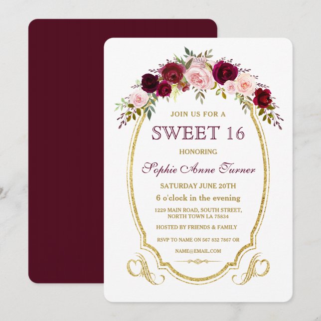 Chic Burgundy Marsala Floral Fall SWEET 16 Invitation (Front/Back)