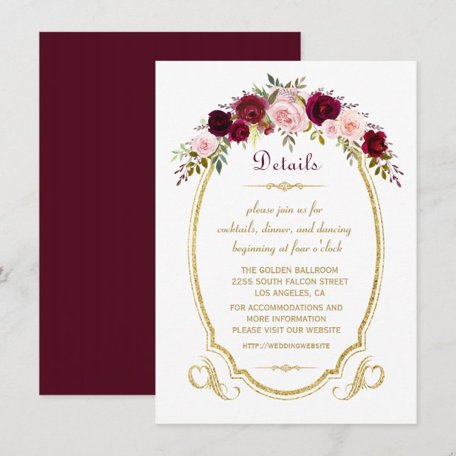 Chic Burgundy Marsala Floral Fall Wedding Details Invitation (Front/Back)