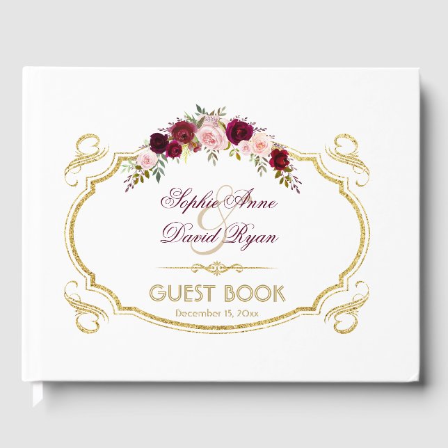 Chic Burgundy Marsala Floral Fall Wedding Guest Book (Front)