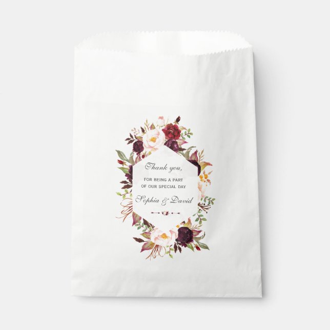 Chic Burgundy Marsala Floral Geometric Wedding Favour Bags (Front)