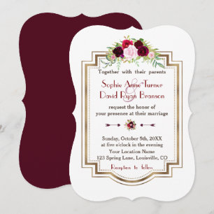 Chic Burgundy Marsala Floral Gold Fall Wedding Invitation