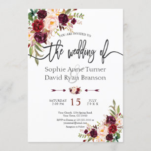 Chic Burgundy Marsala Floral Handwriting Wedding Invitation