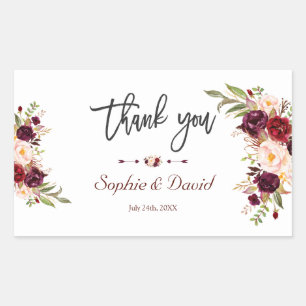 Chic Burgundy Marsala Floral Handwriting Wedding Rectangular Sticker