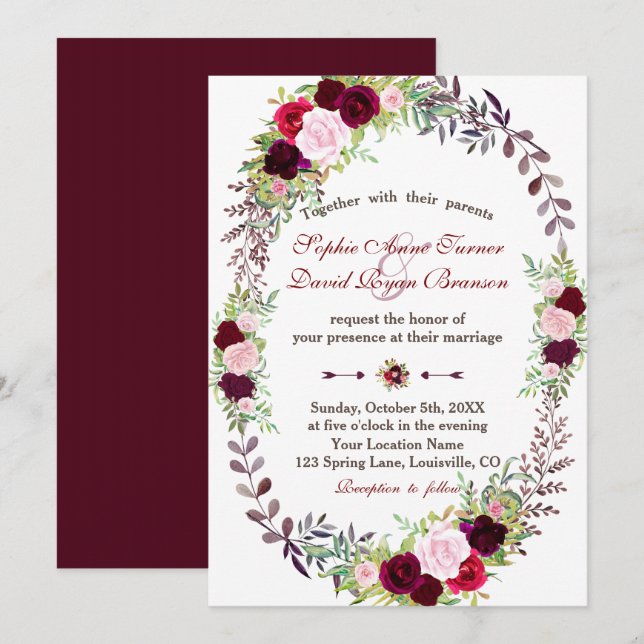 Chic Burgundy Marsala Floral Wreath Wedding Invitation (Front/Back)