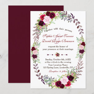 Chic Burgundy Marsala Floral Wreath Wedding Invitation