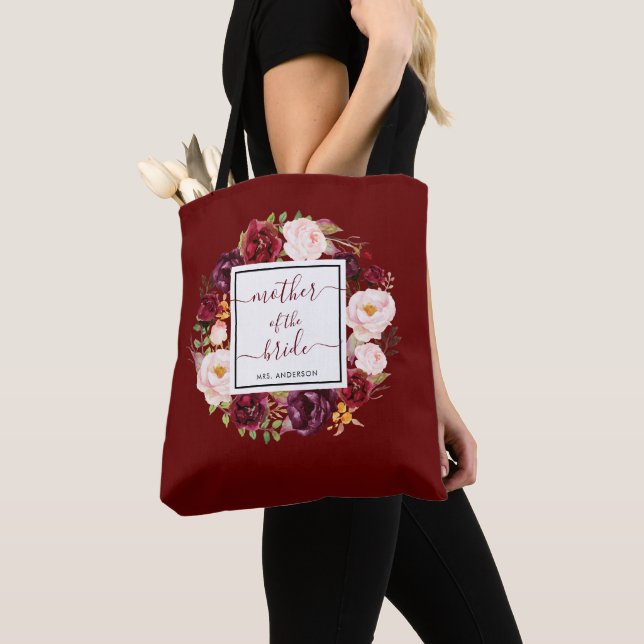 Chic Burgundy Marsala Mother of the Bride Wedding Tote Bag (Close Up)