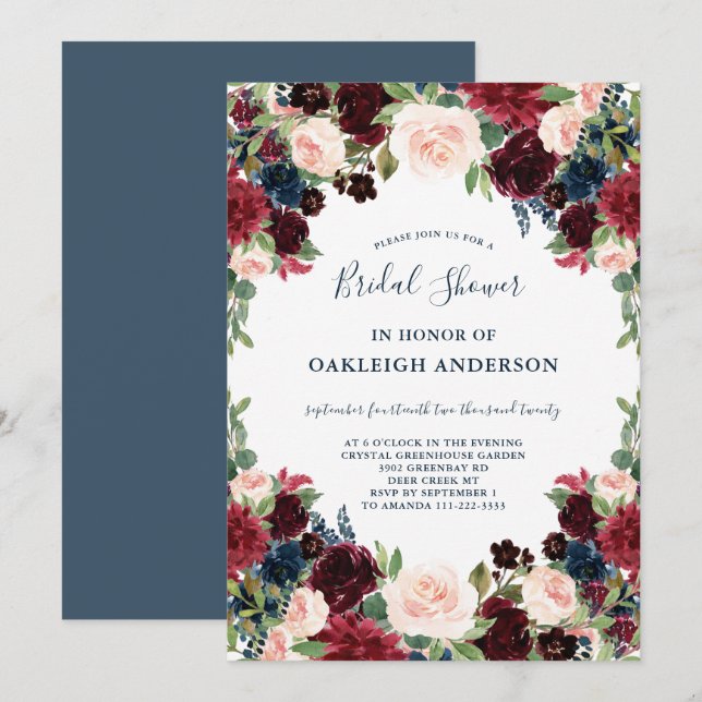 Chic Burgundy, Navy and Pink Floral Bridal Shower Invitation (Front/Back)