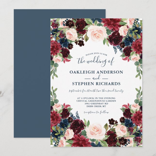 Chic Burgundy, Navy and Pink Floral Wedding Invitation (Front/Back)