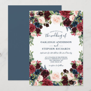 Chic Burgundy, Navy and Pink Floral Wedding Invitation
