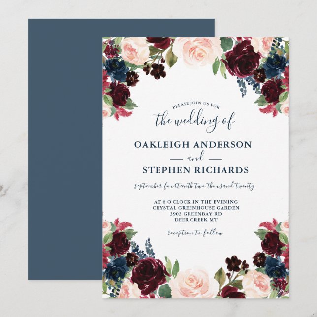 Chic Burgundy, Navy and Pink Floral Wedding Invitation (Front/Back)