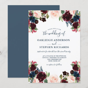 Chic Burgundy, Navy and Pink Floral Wedding Invitation