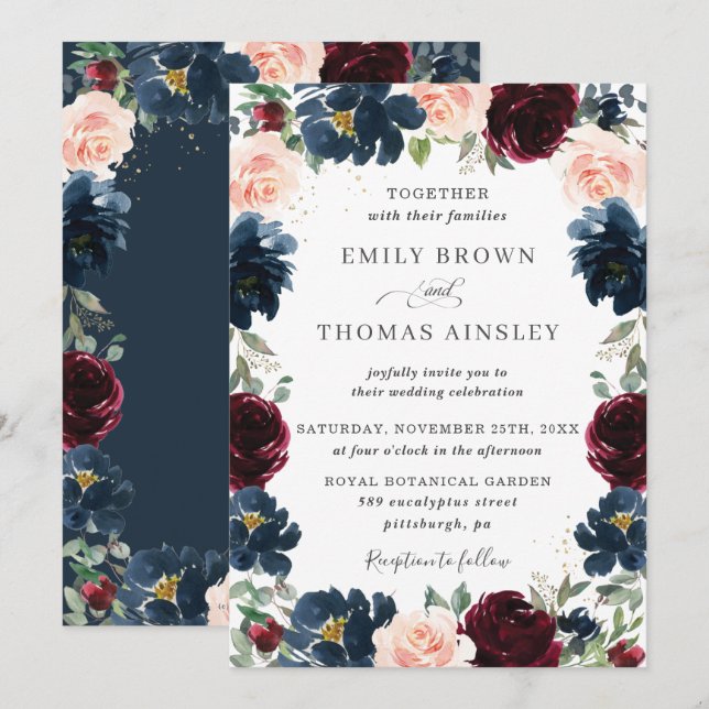 Chic Burgundy Navy Blue Blush Floral Wedding Invitation (Front/Back)