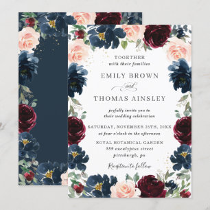 Chic Burgundy Navy Blue Blush Floral Wedding Invitation