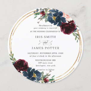 Chic Burgundy Navy Blue Blush Floral Wedding Invitation