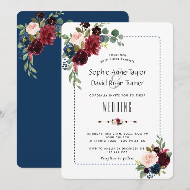 Chic Burgundy Navy Blue Floral Frame Wedding Invitation (Front/Back)