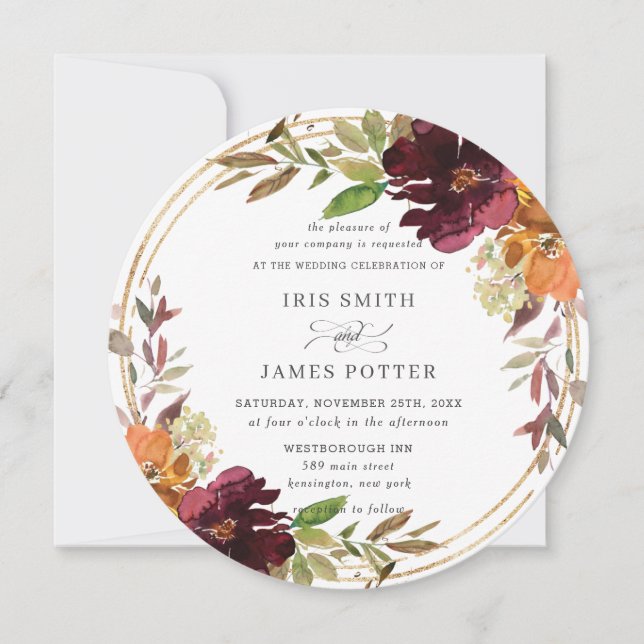 Chic Burgundy Orange Floral Autumn Fall Wedding Invitation (Front)