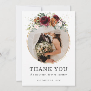 Chic Burgundy Orange Floral Wedding Photo Wedding Thank You Card