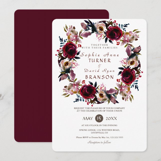 Chic Burgundy Peach Floral Wreath Wedding Invitation (Front/Back)