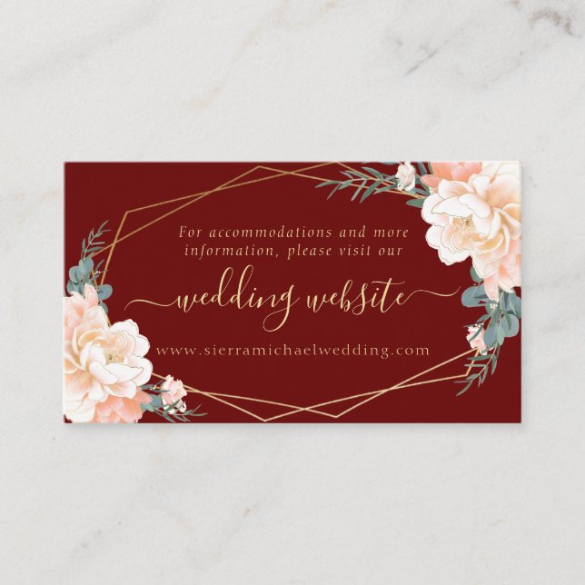 Chic Burgundy Peach Gold Floral Wedding Website Enclosure Card (Front)