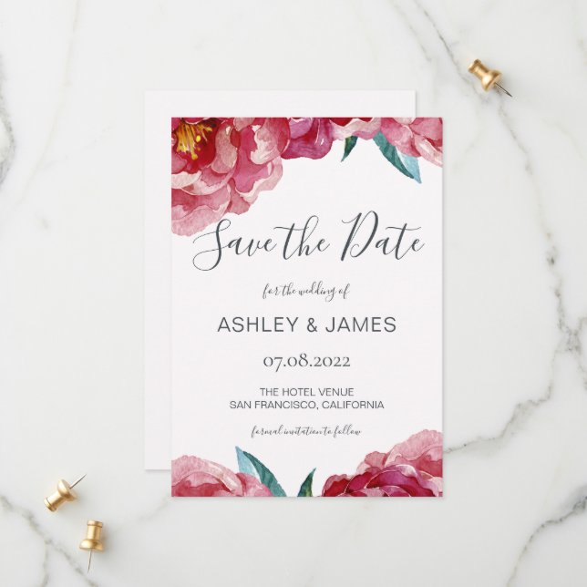 Chic Burgundy Peony Calligraphy Save the Date (Front/Back In Situ)