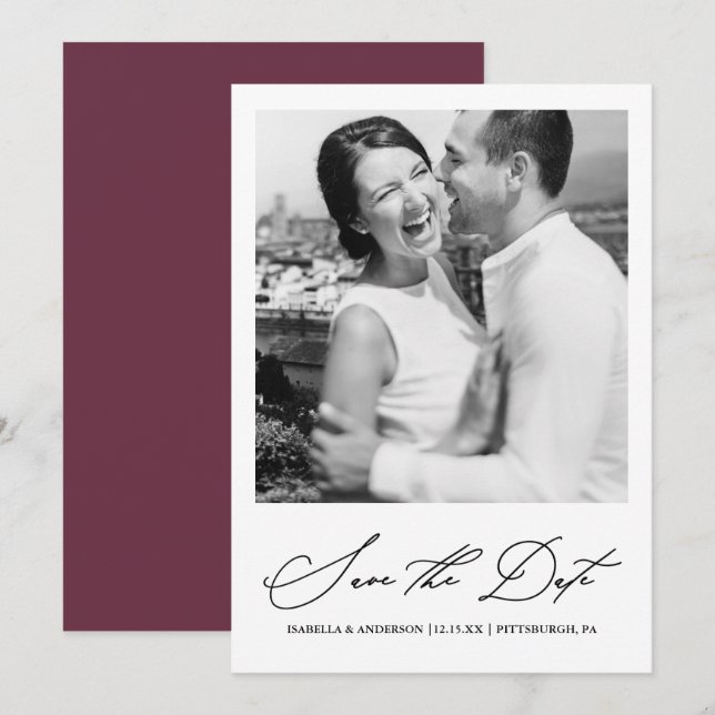 Chic Burgundy Photo Save the Date (Front/Back)