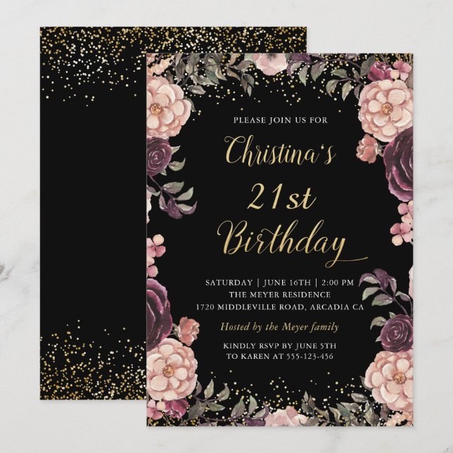 Chic Burgundy Pink Floral Black Birthday Party Invitation (Front/Back)