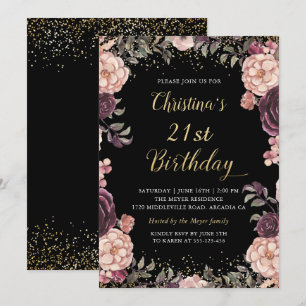 Chic Burgundy Pink Floral Black Birthday Party Invitation
