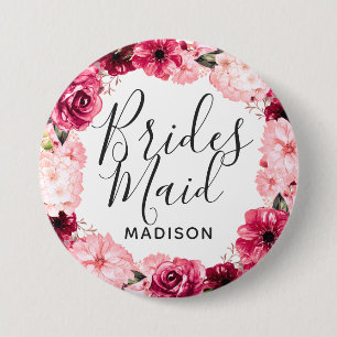 Chic Burgundy & Pink Floral Wreath Bridesmaid 7.5 Cm Round Badge