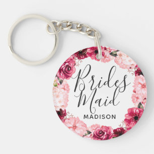 Chic Burgundy & Pink Floral Wreath Bridesmaid Key Ring