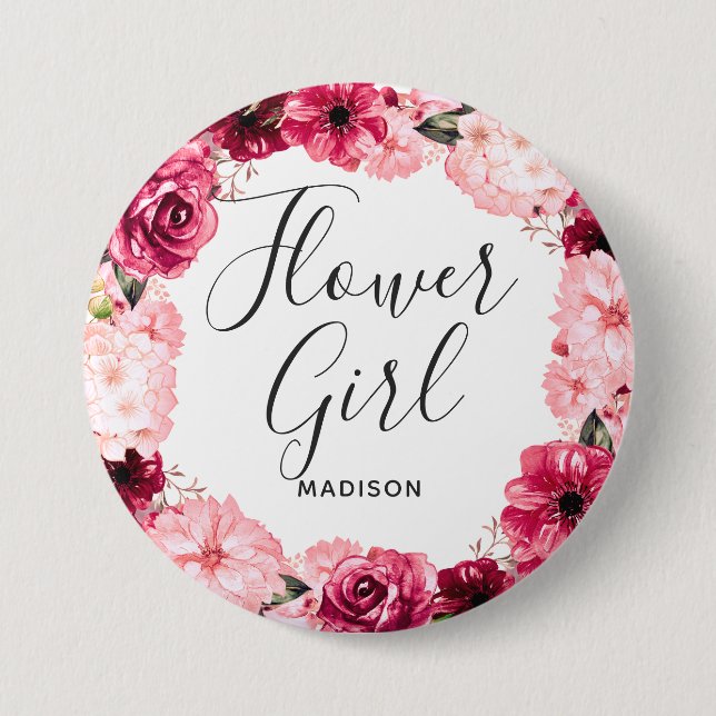Chic Burgundy & Pink Floral Wreath Flower Girl 7.5 Cm Round Badge (Front)