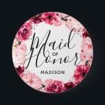 Chic Burgundy & Pink Floral Wreath Maid of Honour 7.5 Cm Round Badge<br><div class="desc">Chic Burgundy Green & Blush Pink Watercolor Floral Wreath Wedding Monogram Summer or Spring Flowers with Watercolor greenery,  Modern and Script fonts,  and elegant floral design. Trendy and Chic Wedding Maid of Honour button! ~ Check my shop to see the entire wedding suite for this design!</div>