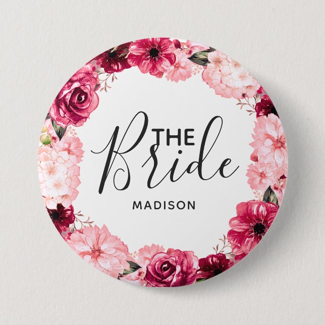 Chic Burgundy & Pink Floral Wreath the Bride 7.5 Cm Round Badge (Front)