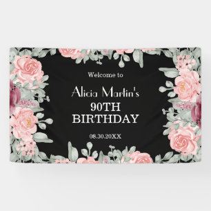 Chic Burgundy Pink Roses Flora Black 90th Birthday Banner