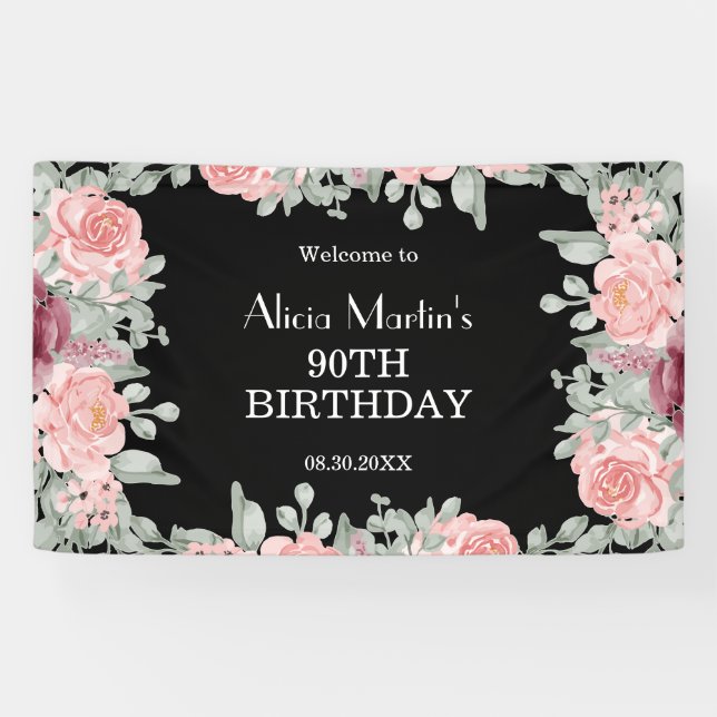 Chic Burgundy Pink Roses Flora Black 90th Birthday Banner (Horizontal)
