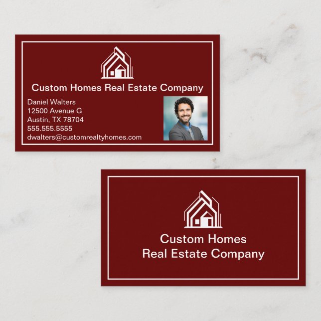 Chic Burgundy Real Estate Company Realtor Photo Business Card (Front/Back)