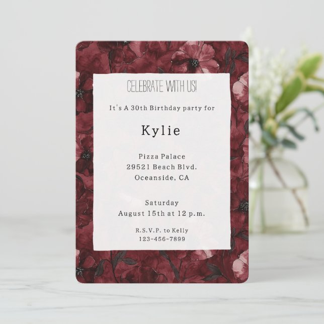 Chic Burgundy Red Floral Birthday   Invitation (Standing Front)