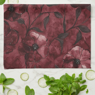 Chic Burgundy Red Floral Bridal Shower Tea Towel