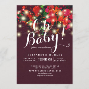 Chic Burgundy Red Floral String Lights Baby Shower Invitation