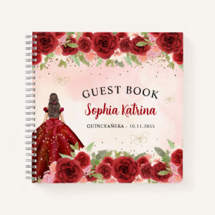 Chic Burgundy Red Gold Floral Princess Quinceañera Notebook