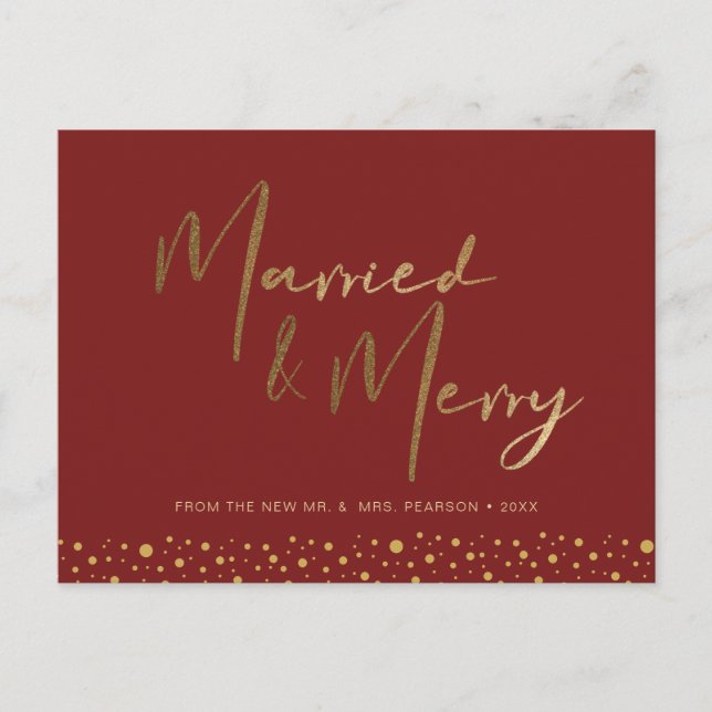 Chic Burgundy Red Gold Married and Merry Photo Holiday Postcard (Front)
