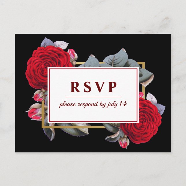 Chic Burgundy Red rose Blossom Black Wedding RSVP Invitation Postcard (Front)