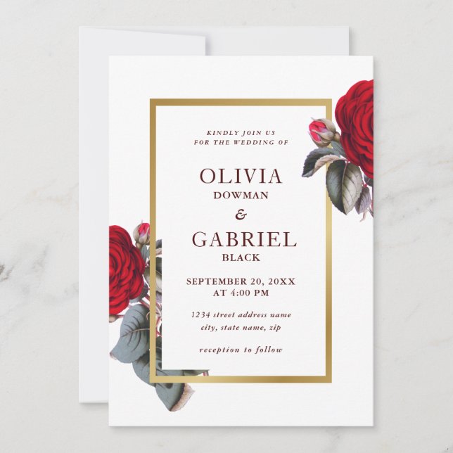 Chic Burgundy Red rose. Floral luxury Wedding Invitation (Front)
