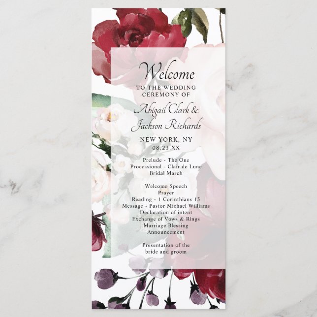 Chic Burgundy Red Violet Floral Wedding Ceremony Programme (Front)
