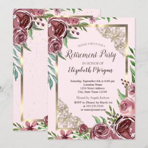Chic Burgundy Roses Gold Frame Retirement Invitation
