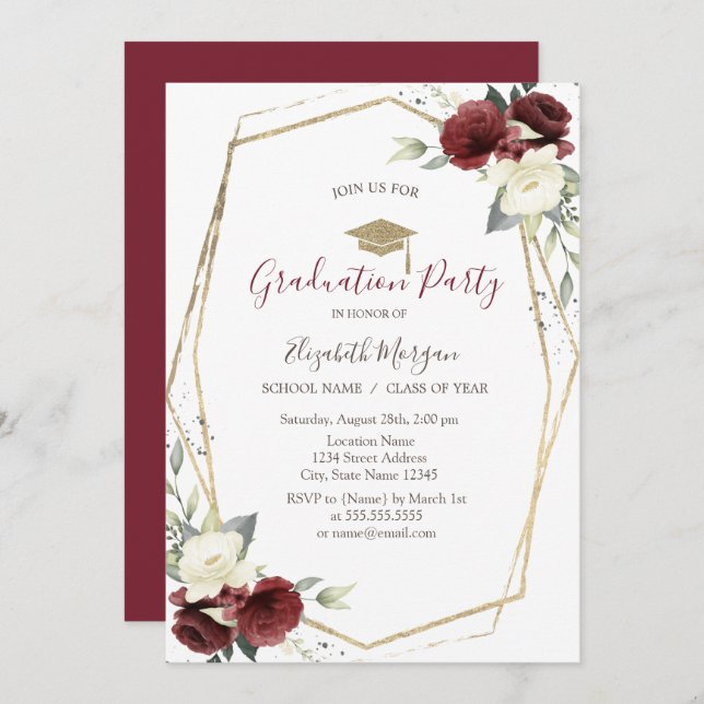 Chic Burgundy Roses,Grad Cap,Graduation  Invitation (Front/Back)