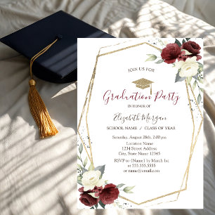 Chic Burgundy Roses,Grad Cap,Graduation  Invitation