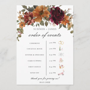Chic Burgundy Rust Floral Wedding Order of Event  Programme