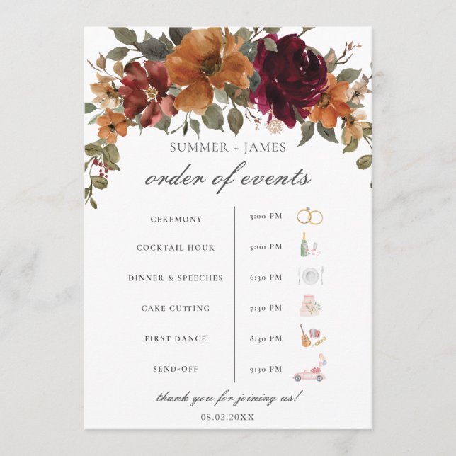 Chic Burgundy Rust Floral Wedding Order of Event  Programme (Front)